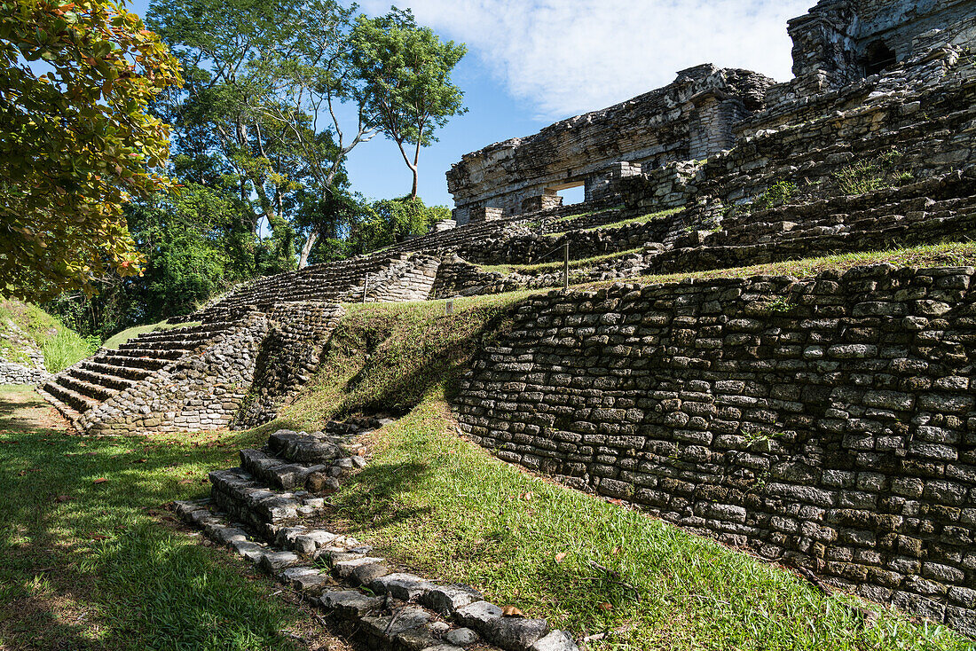 Temples of the North Group of temples in the ruins of the Mayan city of Palenque, Palenque National Park, Chiapas, Mexico. A UNESCO World Heritage Site.