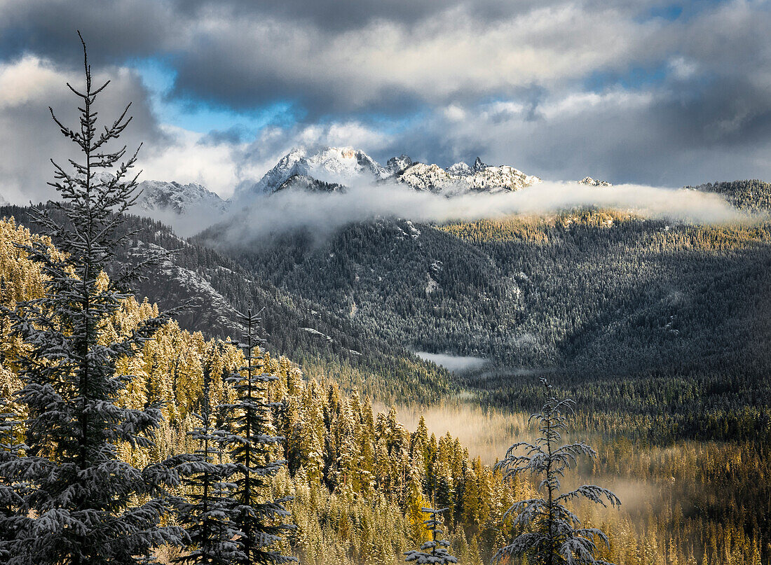 Chikamin Ridge and the Three Queens Peaks above Cooper Lake in the central Cascade Mountains, Okanogan-Wenatchee National Forest, Washington.