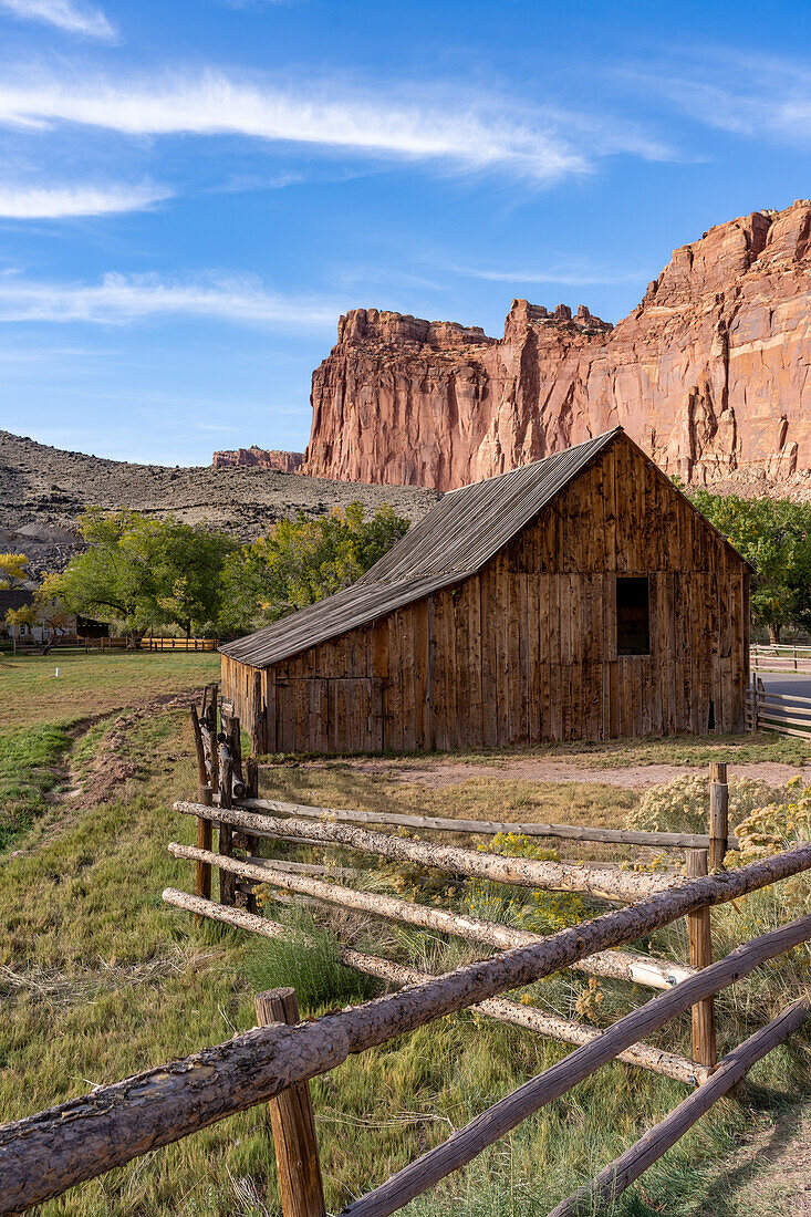 Historic Pendleton barn in the small pioneer farming community of Fruita, now in Capitol Reef National Park, Utah. The barn is over 100 years old.