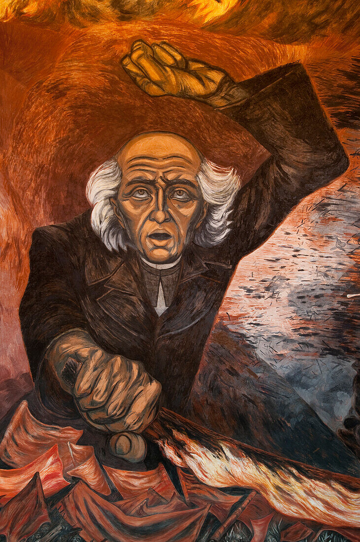 Detail des Wandgemäldes "Flaming Hidalgo" von Jos? Clemente Orozco im Palacio de Gobierno, Guadalajara, Mexiko.