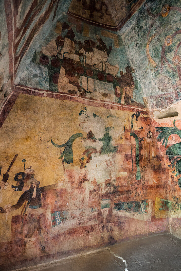 A fresco mural showing celebration and ritual in Room 3 of the Temple of the Murals in the ruins of the Mayan city of Bonampak in Chiapas, Mexico.