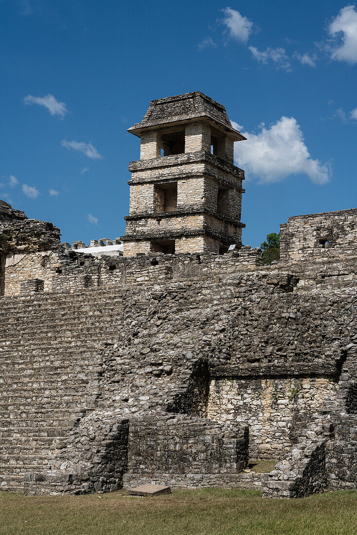 The Palace tower in the ruins of the Mayan city of Palenque, Palenque National Park, Chiapas, Mexico. A UNESCO World Heritage Site.