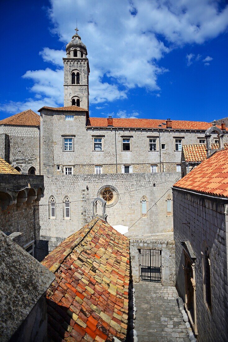 View of the Old Town from the walls of Dubrovnik with tower of Dominican Monastery, Croatia