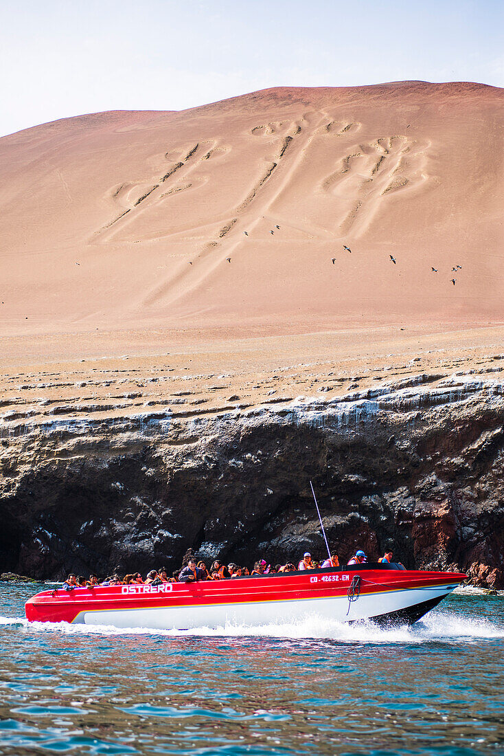 Boat trip by Paracas Candelabro, a giant candleholder geoglyph, Paracas National Reserve, Ica Region, Peru