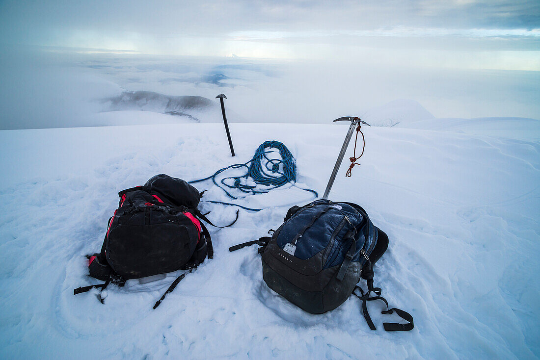 Climbing equipment on Cotopaxi Volcano 5,897m glacier covered summit, Cotopaxi National Park, Cotopaxi Province, Ecuador