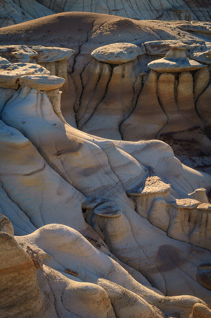 Erodierter Sandstein, Schlammstein, Asche und Schiefer in den Bisti Badlands, Bisti/De-Na-Zin Wilderness, New Mexico.