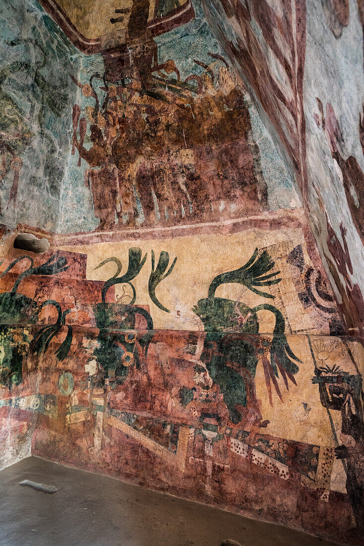 A fresco mural showing celebration and ritual on the east wall of Room 3 of the Temple of the Murals in the ruins of the Mayan city of Bonampak in Chiapas, Mexico.