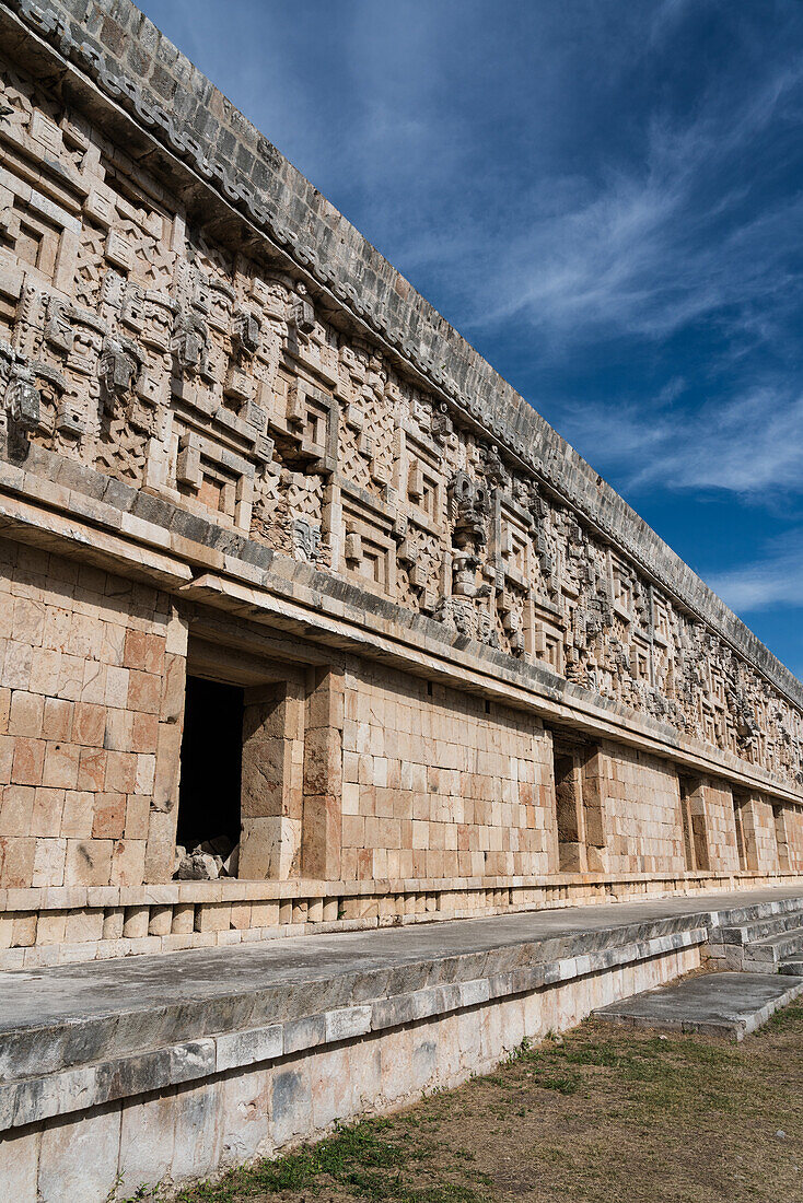 The Palace of the Governors in the ruins of the Mayan city of Uxmal in Yucatan, Mexico. Pre-Hispanic Town of Uxmal - a UNESCO World Heritage Center.