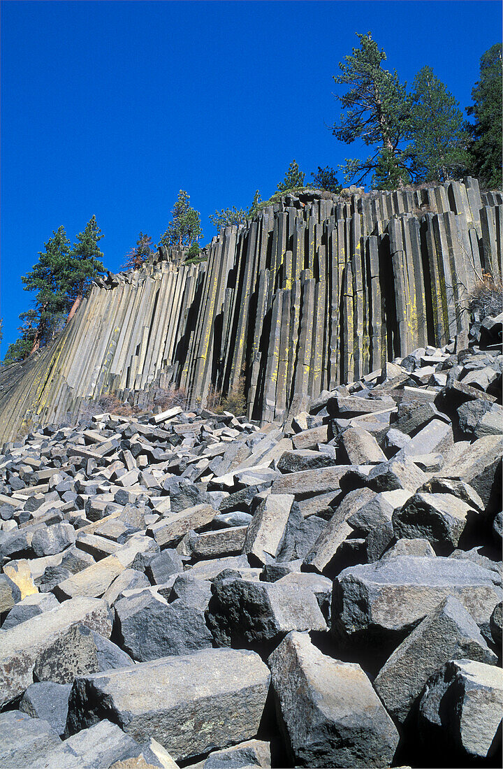 Columnar basalt rock at Devil's Postpile National Monument, Sierra Nevada Mountains, California.