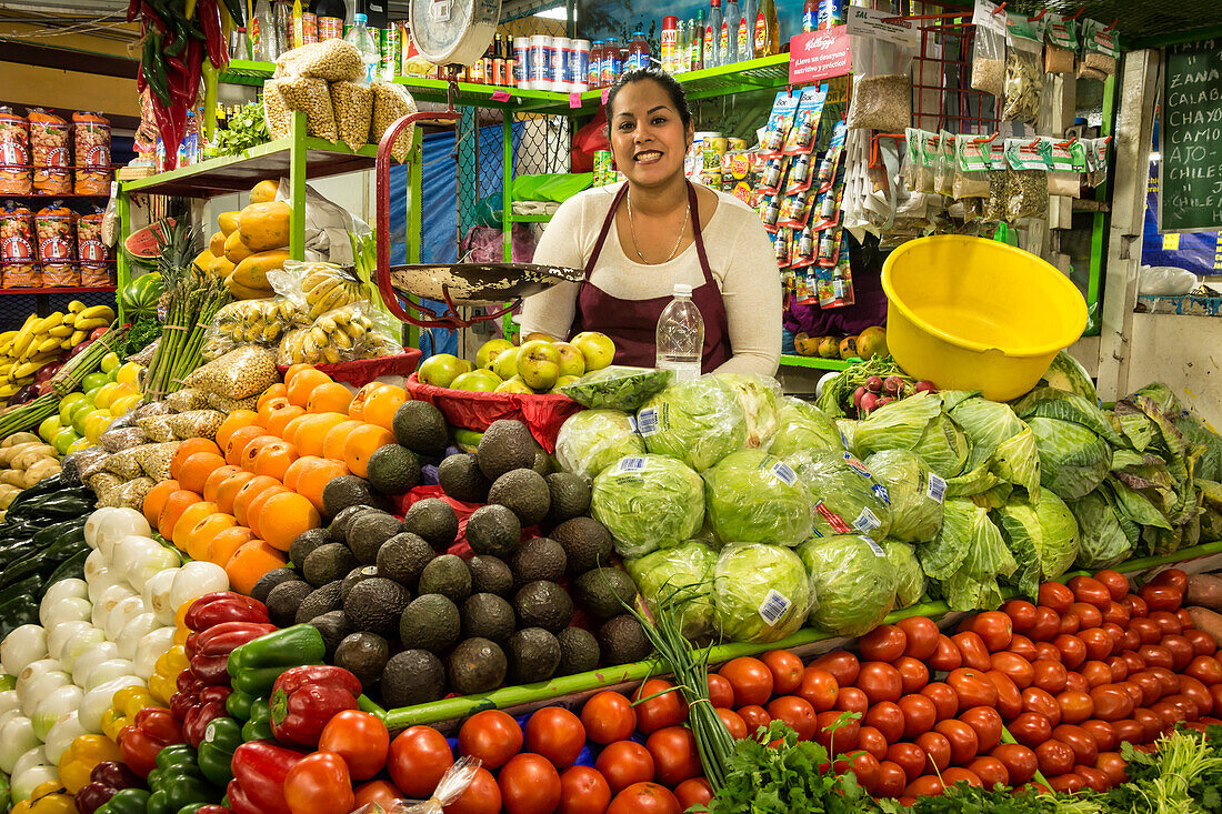 Fresh produce stall at Mercado Francisco I. Madero in La Paz, Baja California Sur, Mexico.