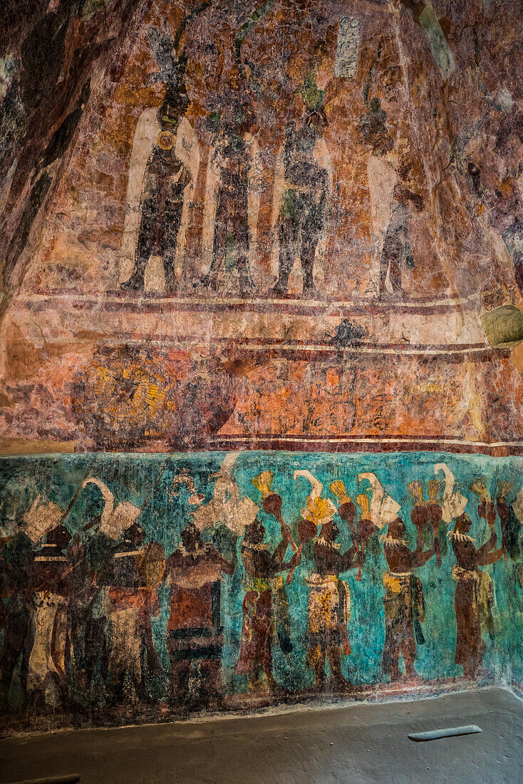 A fresco mural showing musicians on the east wall of Room 1 of the Temple of the Murals in the ruins of the Mayan city of Bonampak in Chiapas, Mexico.