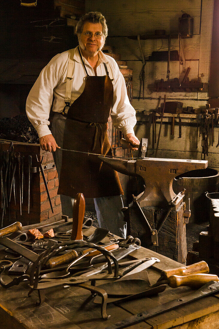 Volunteer Clay Ford in the Blacksmith's Shop at Fort Vancouver National Historic Site; Vancouver, Washington.