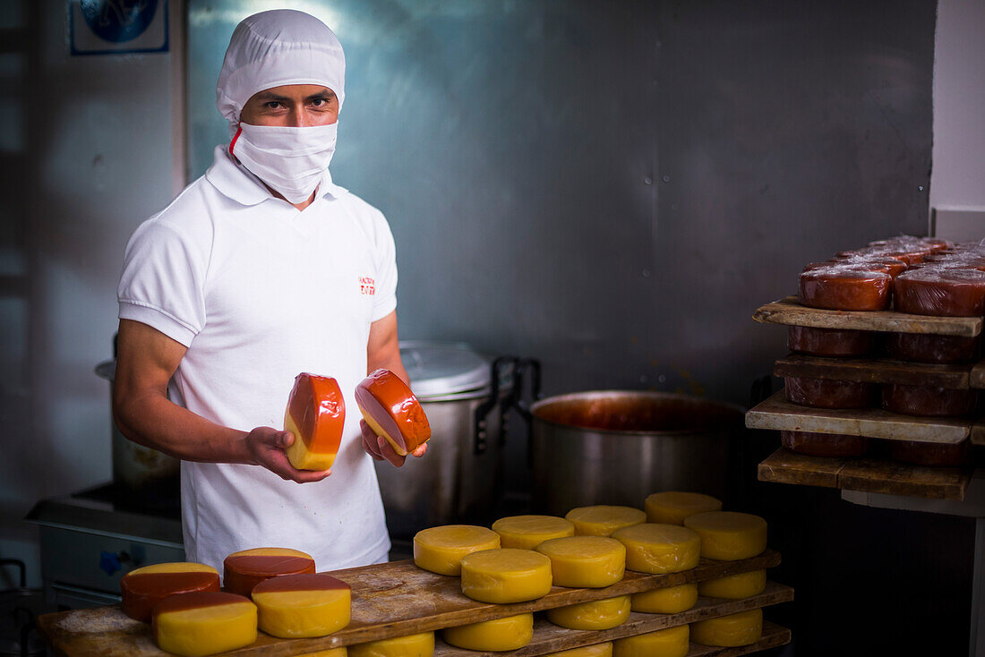 Porträt eines Arbeiters beim Wachsen von Käse in der Käsefabrik auf der Hacienda Zuleta, Imbabura, Ecuador, Südamerika