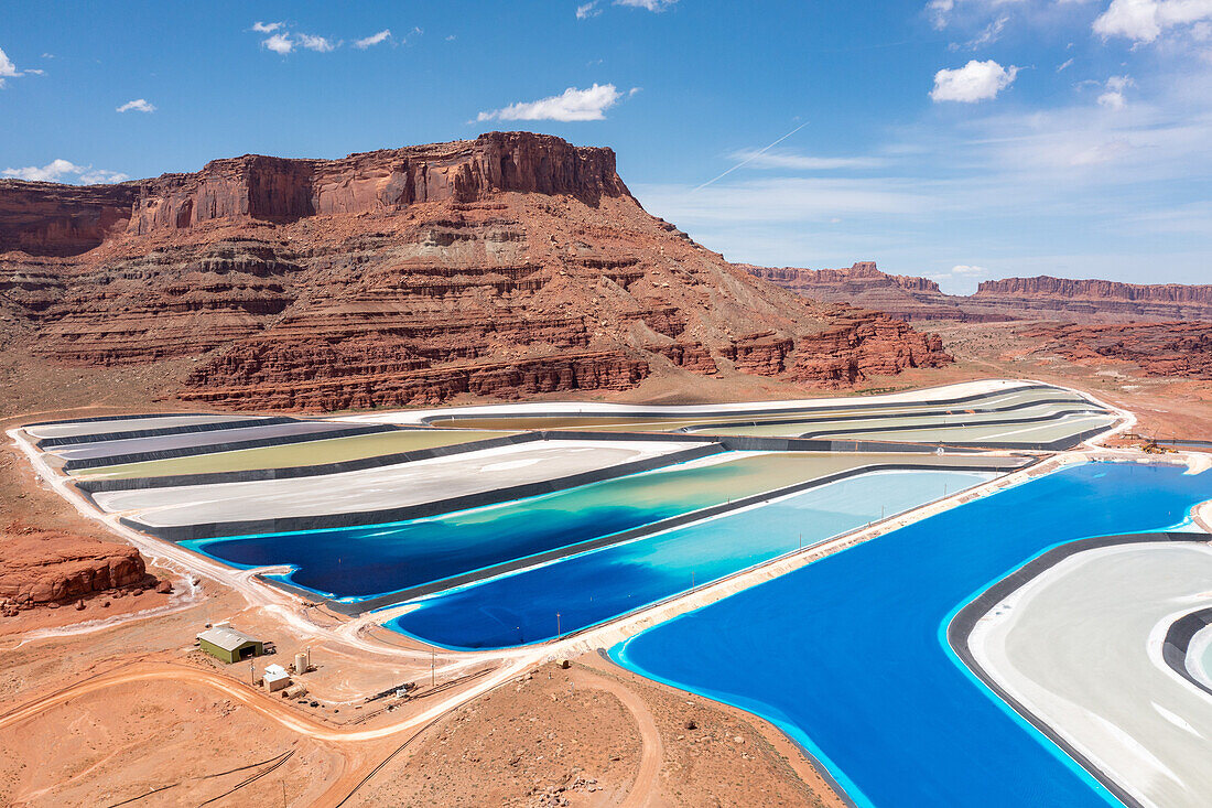 Evaporation ponds at a potash mine using a solution mining method for extracting potash near Moab, Utah. Blue dye is added to speed up evaporation.