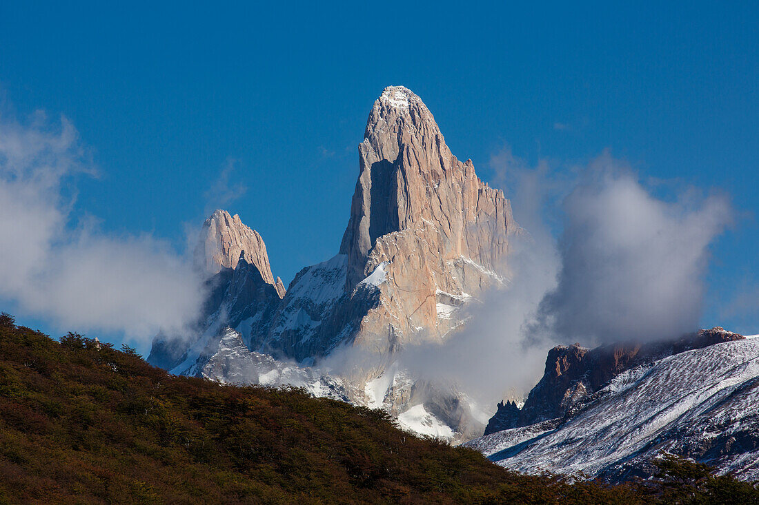 Mount Fitz Roy and Cerro Poincenot in Los Glaciares National Park, as seen from north of El Chalten, Argentina, in the Patagonia region of South America. A UNESCO World Heritage Site.