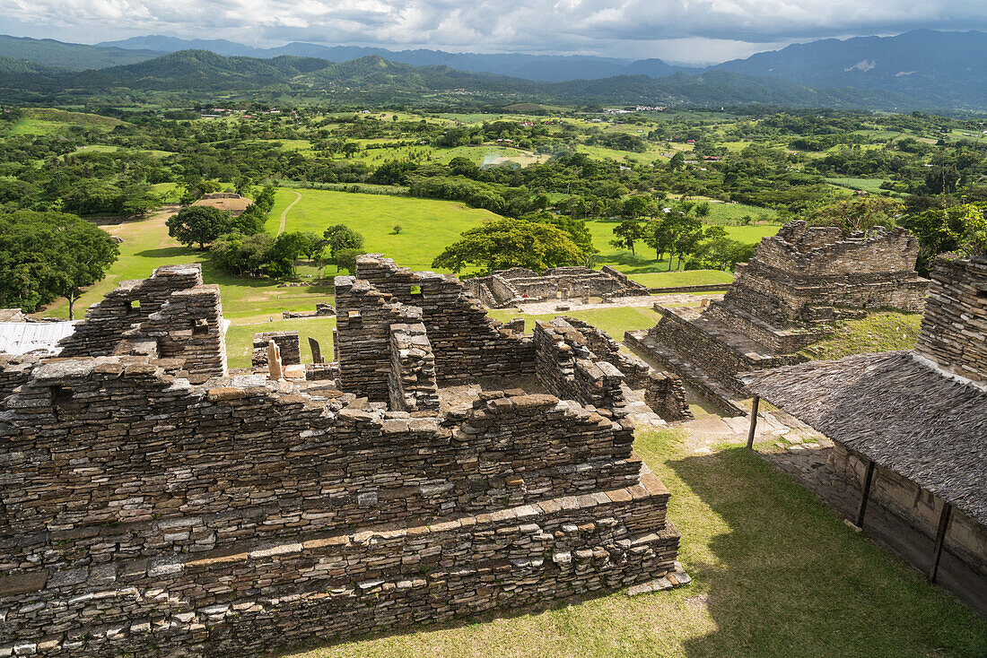 The Acropolis of Tonina is built on seven terraces above the Main Plaza, rising to a height of 243 feet, or 74 meters. The ruins of the Mayan city of Tonina, near Ocosingo, Mexico. View over the Ocosingo Valley.