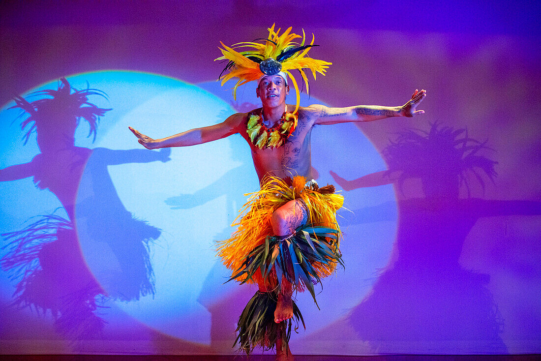 Dancing show of polynesian dances on Paul Gauguin cruise ship. France, French Polynesia, Polynesian, South Pacific.