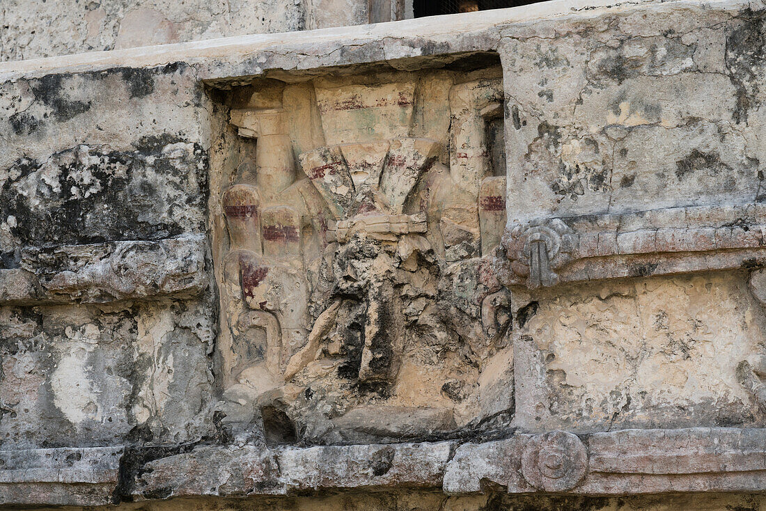 Sculpted stucco figures in the Temple of the Frescos in the ruins of the Mayan city of Tulum on the coast of the Caribbean Sea. Tulum National Park, Quintana Roo, Mexico.