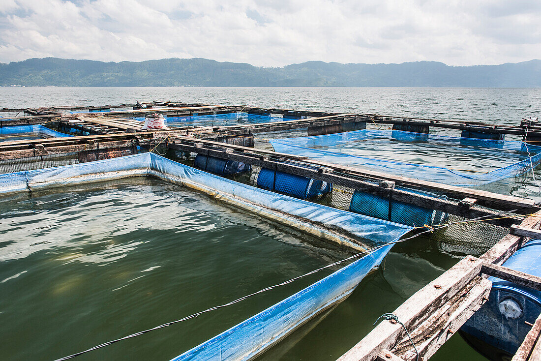 Fish farm in the middle of Lake Toba (Danau Toba), North Sumatra, Indonesia