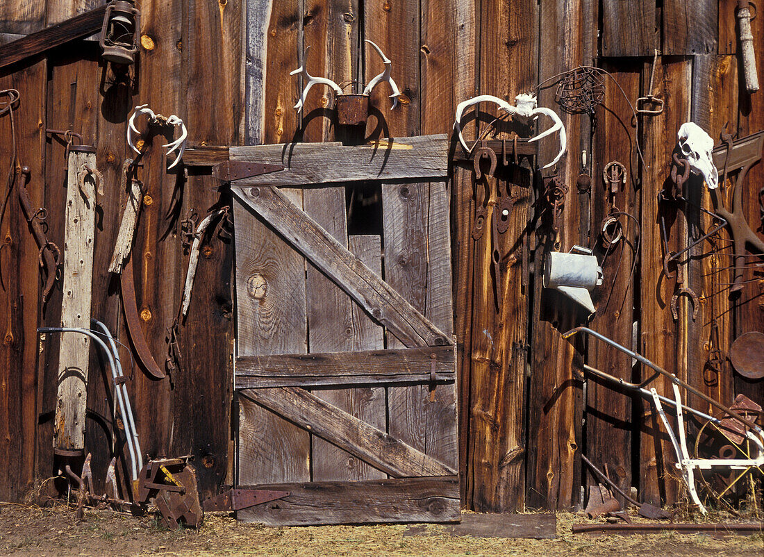 Collectibles on wall of old stable at historic McEwen Schoolhouse; Baker County, eastern Oregon.