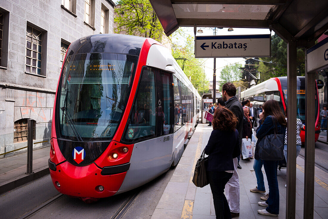 Tram at Gulhane Station on line T1 of the metro public transport system in Istanbul, Turkey