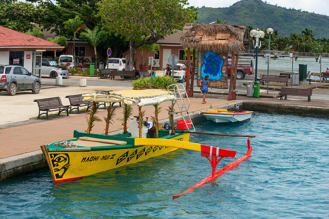 An outrigger boat used for reef excursions in Bora Bora, French Polynesia Society Island.