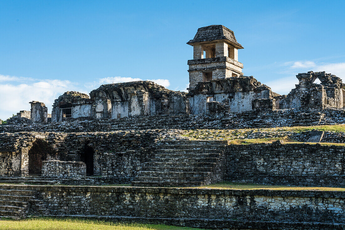 The Palace with its tower in the ruins of the Mayan city of Palenque, Palenque National Park, Chiapas, Mexico. A UNESCO World Heritage Site.