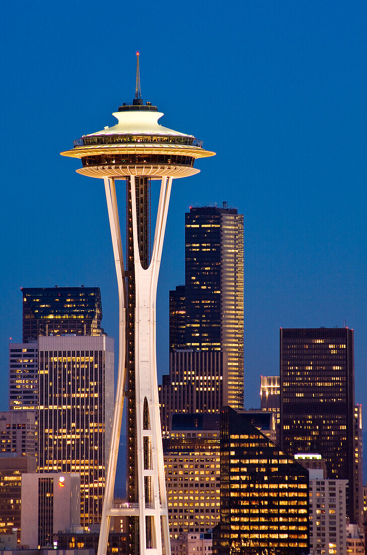 The Space Needle and downtown office buildings at twilight from Kerry Park on Queen Anne Hill Seattle, Washington.