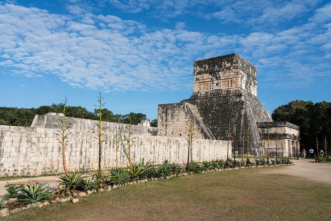 The Temple of the Jaguar in the ruins of the great Mayan city of Chichen Itza, Yucatan, Mexico. Above is the Upper Temple of the Jaguar, overlooking the Great Ball Court. The Pre-Hispanic City of Chichen-Itza is a UNESCO World Heritage Site.
