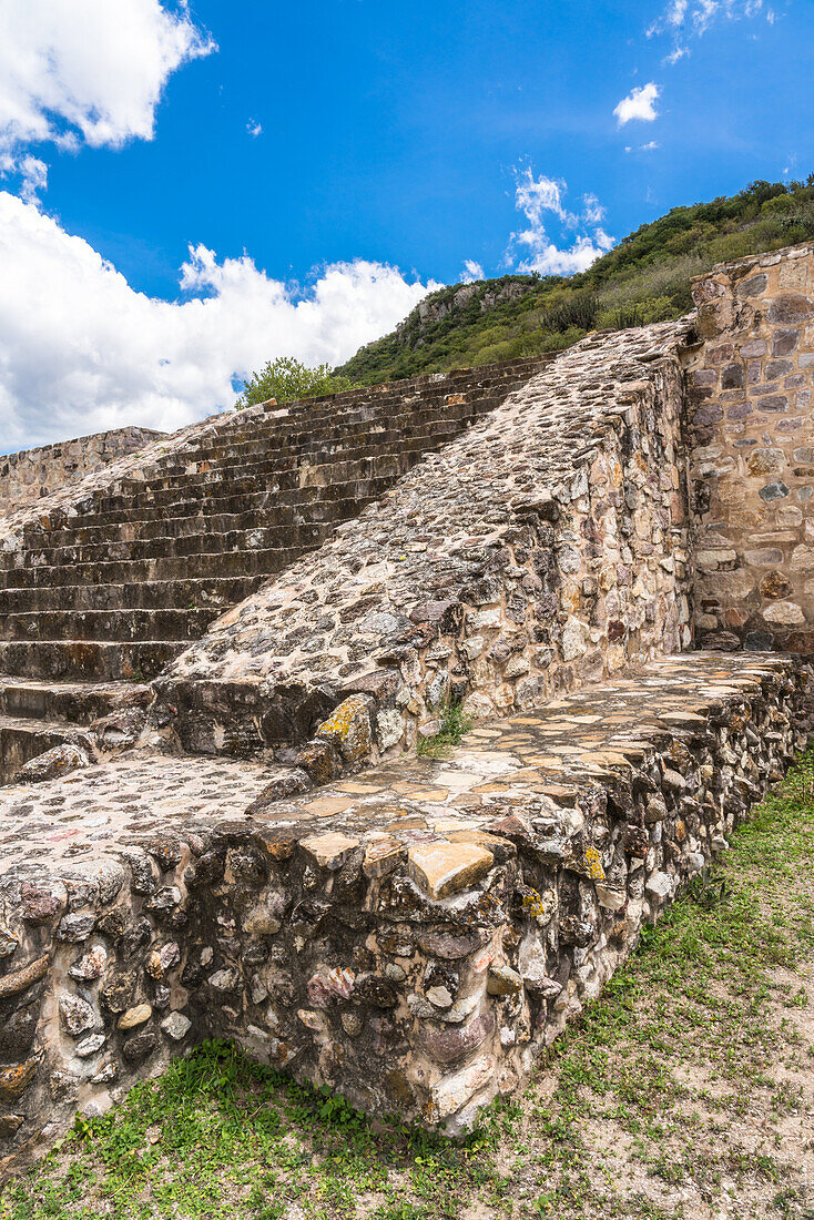 A stairway on Building B in the ruins of the pre-Hispanic Zapotec city of Dainzu in the Central Valley of Oaxaca, Mexico.