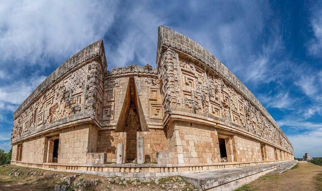 The Palace of the Governors in the ruins of the Mayan city of Uxmal in Yucatan, Mexico. Pre-Hispanic Town of Uxmal - a UNESCO World Heritage Center.