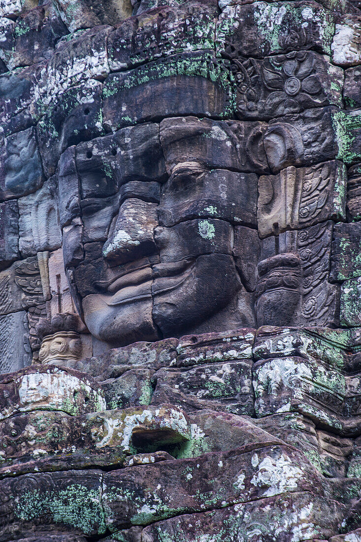 Stone face at the bayon temple in Angkor Thom, Siem Reap Cambodia