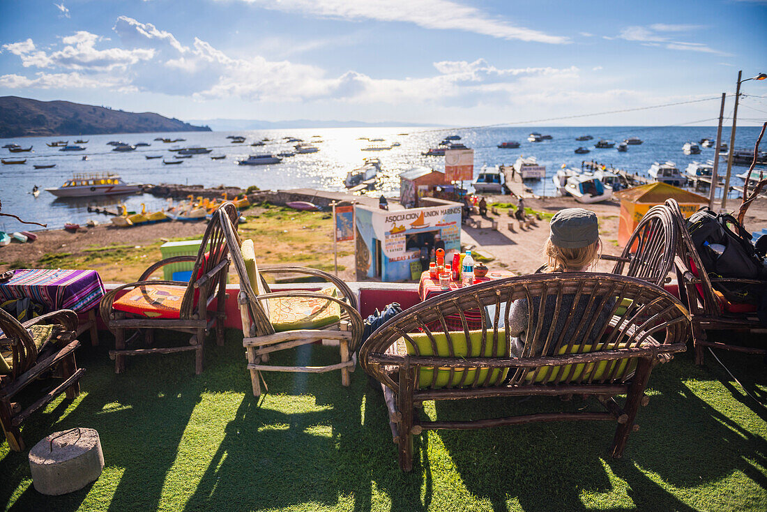 Restaurant overlooking Lake Titicaca at Copacabana, Bolivia