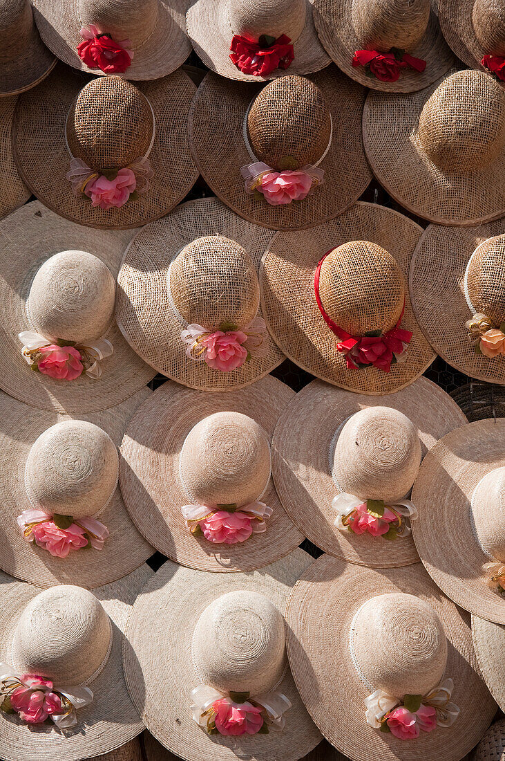 Straw hats for sale in plaza at San Juan de los Lagos, Jalisco, Mexico.