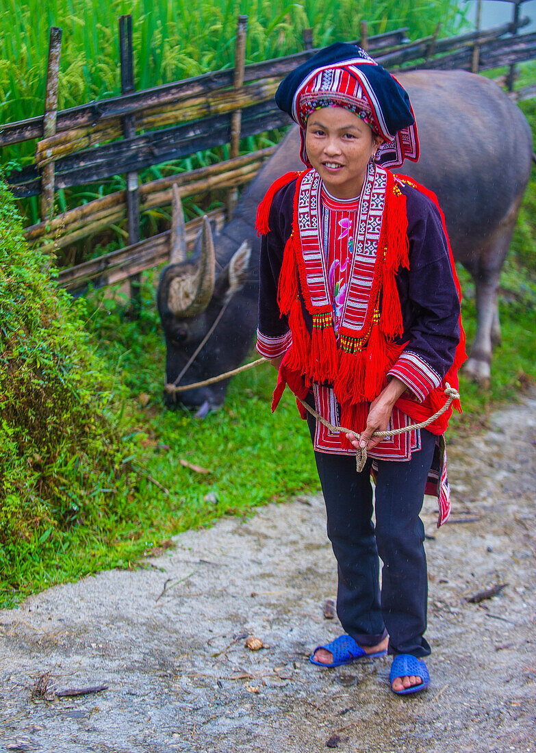 Woman from the Red Dao minority in a village near Ha Giang in Vietnam