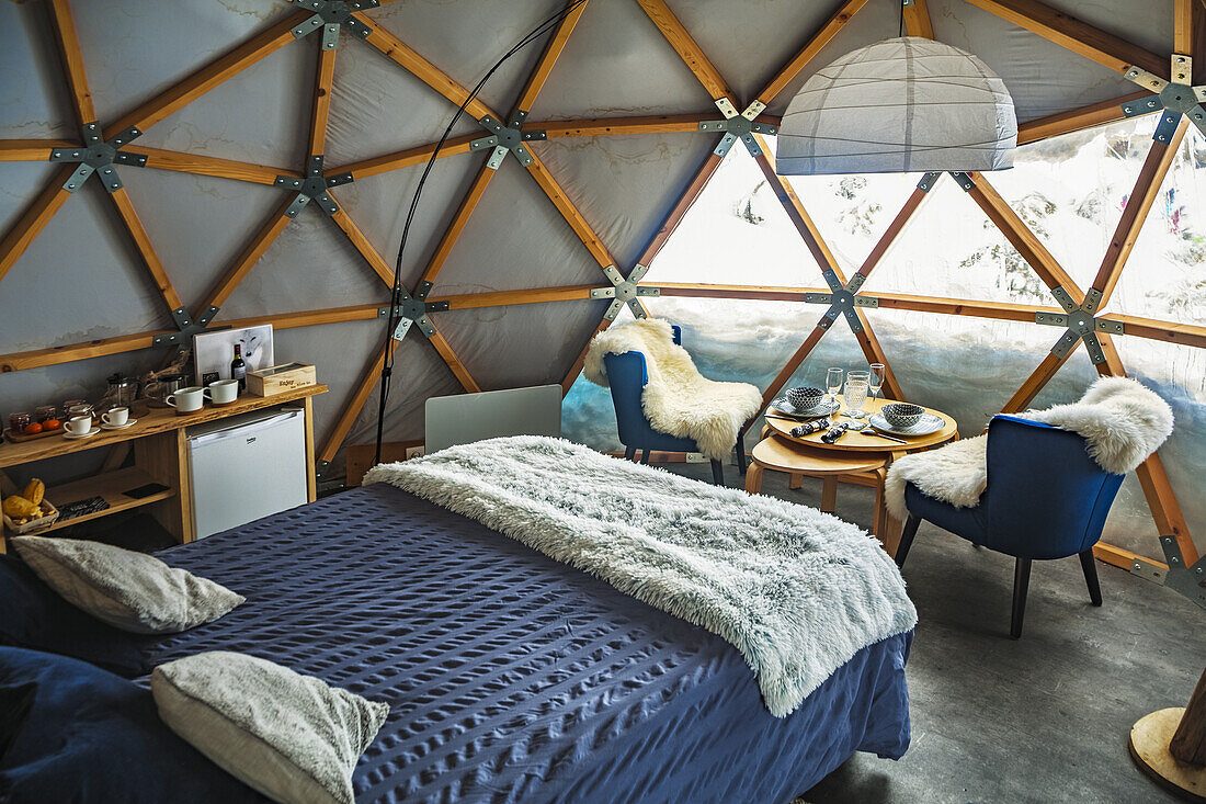 Dome Geodesique accommodation. Implanted on the ski slopes of Gourette at the top of the cable railway of Bézou. Gourette ski resort, Pyrenees Atlantiques, Aquitaine region, Ossau Valley, France