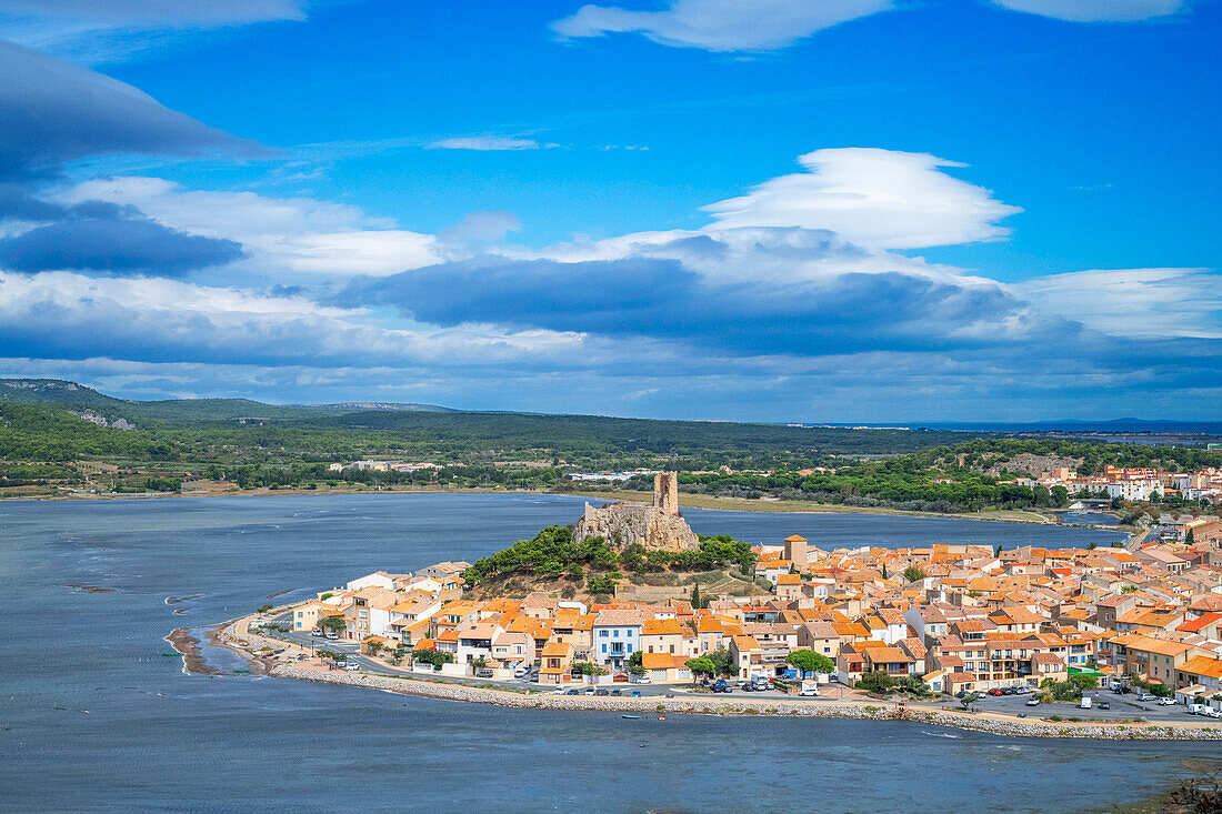 View of the watchtower at Gruissan in Languedoc-Roussillon, France, Aude, Gruissan, village in Circulade testifies of a Medieval origin, strategic sign of defense and Christian symbol