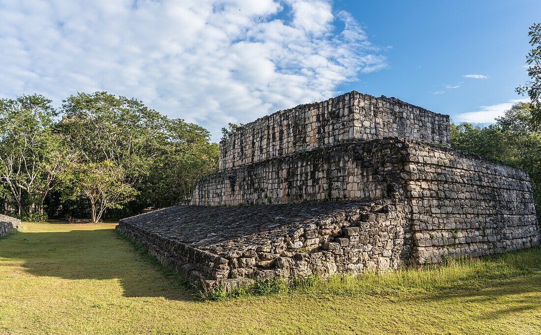 The ceremonial ball court in the ruins of the pre-Hispanic Mayan city of Ek Balam in Yucatan, Mexico.
