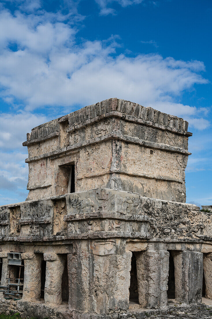 The Temple of the Frescos in the ruins of the Mayan city of Tulum on the coast of the Caribbean Sea. Tulum National Park, Quintana Roo, Mexico.