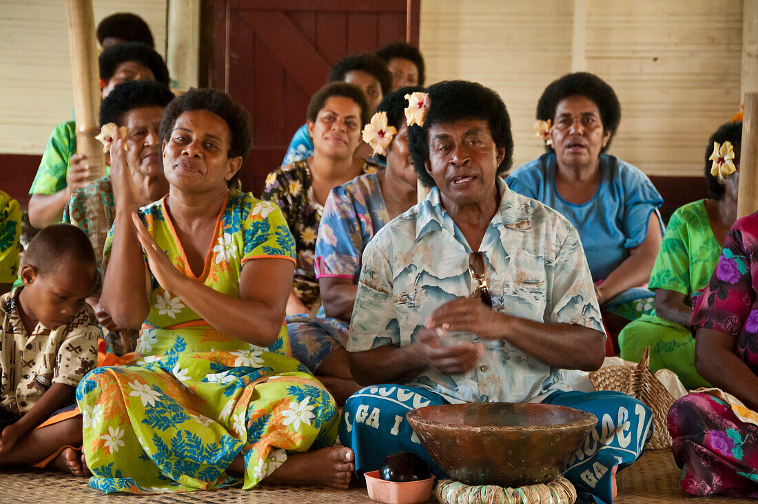 People of Lawai welcoming visitors to their village; Viti Levu Island, Fiji.