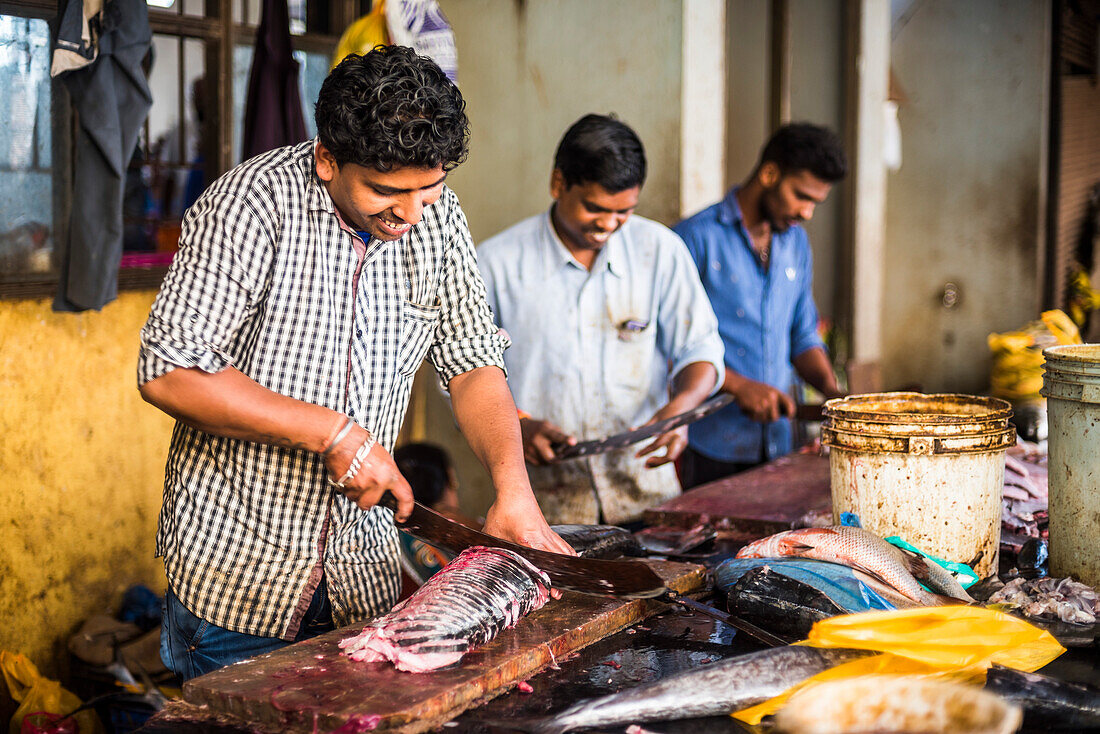 Fisch zum Verkauf auf dem Mapusa-Markt, Goa, Indien