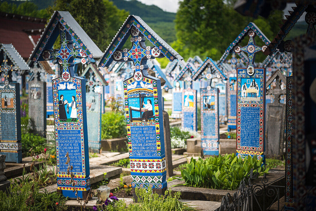 Merry Cemetery wooden carved tombstones, Sapanta, Maramures, Romania