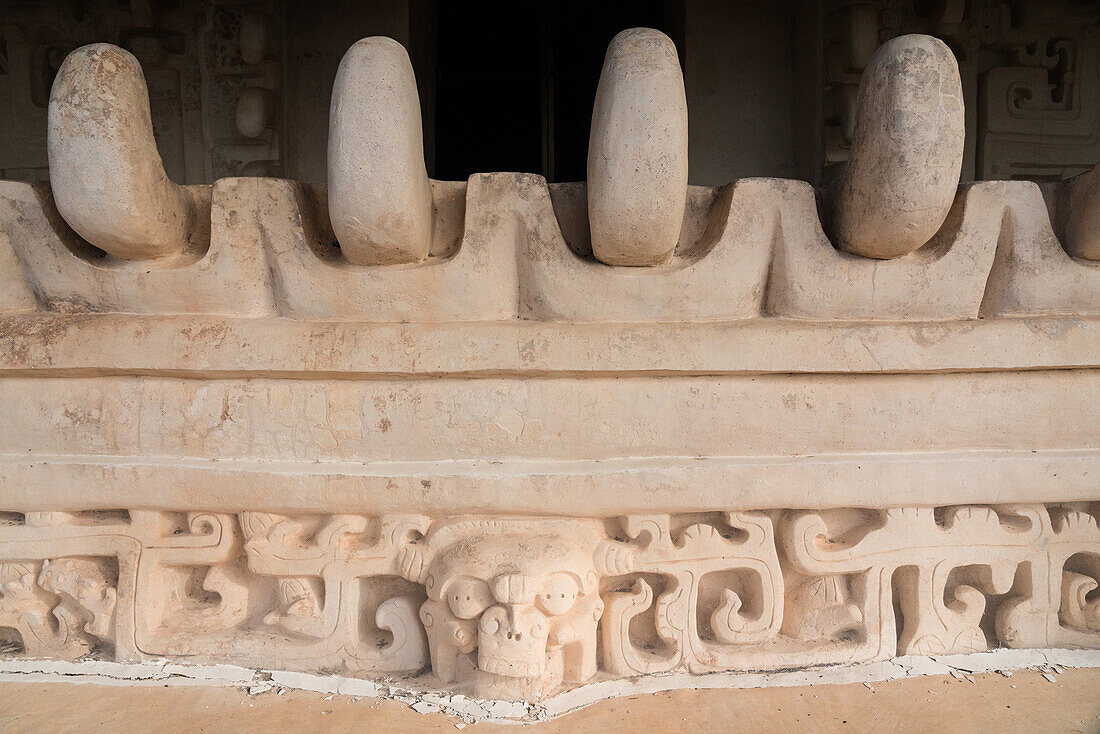 The temple called The Throne or El Trono in the Acropolis housed the tomb of king Ukit Kan Le'k Tok', who ruled Ek Balam from 770 to about 797 A.D. El Trono contains elaborate stucco carvings and figures. The pre-HIspanic ruins of the Mayan city of Ek Balam in Yucatan, Mexico.