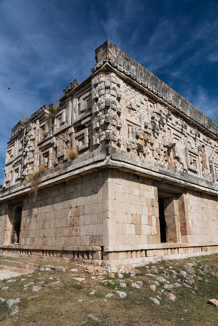 The Palace of the Governors in the ruins of the Mayan city of Uxmal in Yucatan, Mexico. Pre-Hispanic Town of Uxmal - a UNESCO World Heritage Center.