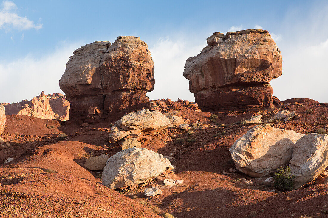 The Twin Rocks, a pair of eroded hoodoos in Capitol Reef National Park in Utah.