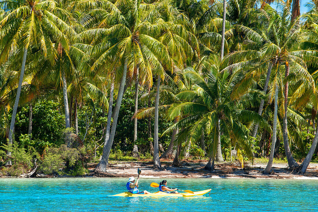 Kayaking in Taha'a island beach, French Polynesia. Motu Mahana palm trees at the beach, Taha'a, Society Islands, French Polynesia, South Pacific.