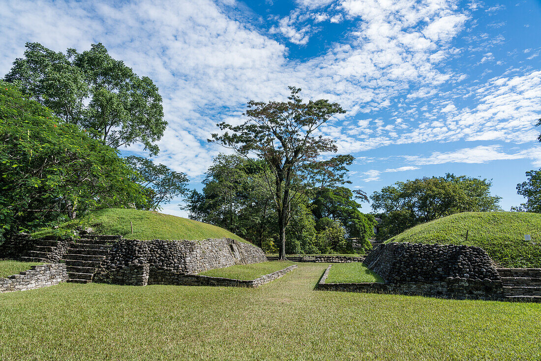 The Ball Court in the ruins of the Mayan city of Palenque, in Palenque National Park in Chiapas, Mexico. A UNESCO World Heritage Site.