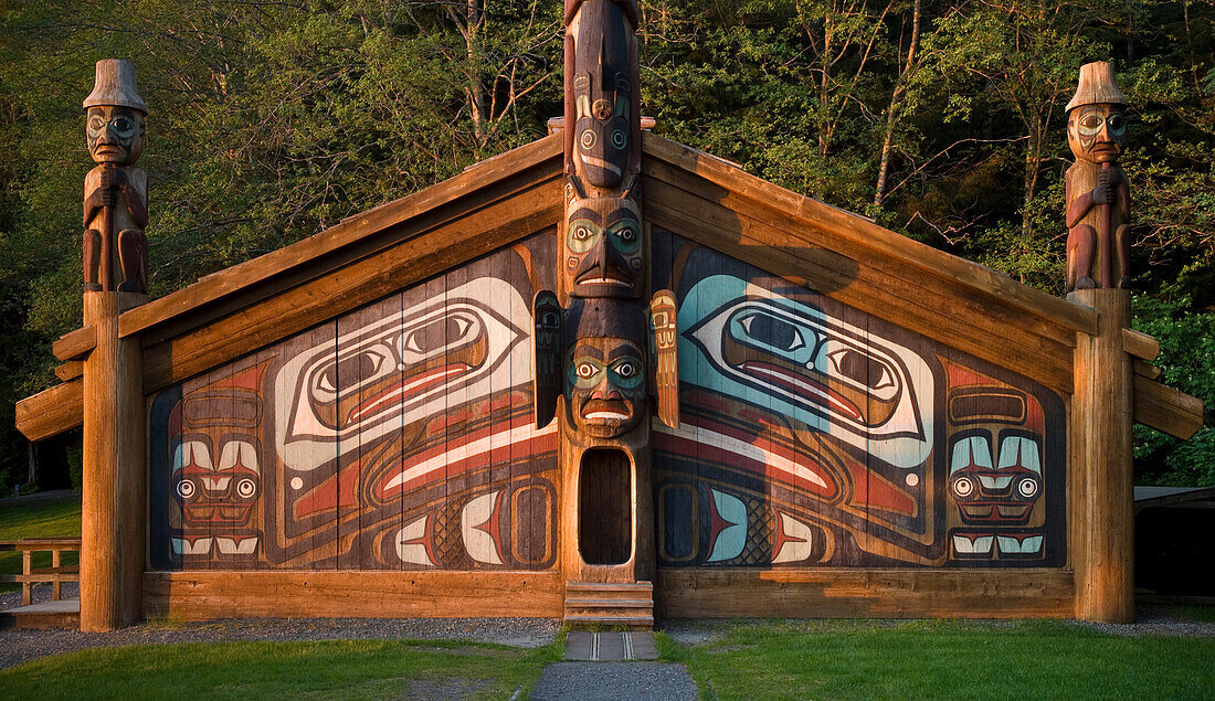 Clan House and totem poles at Totem Bight State Historical Park, Ketchikan, Alaska.