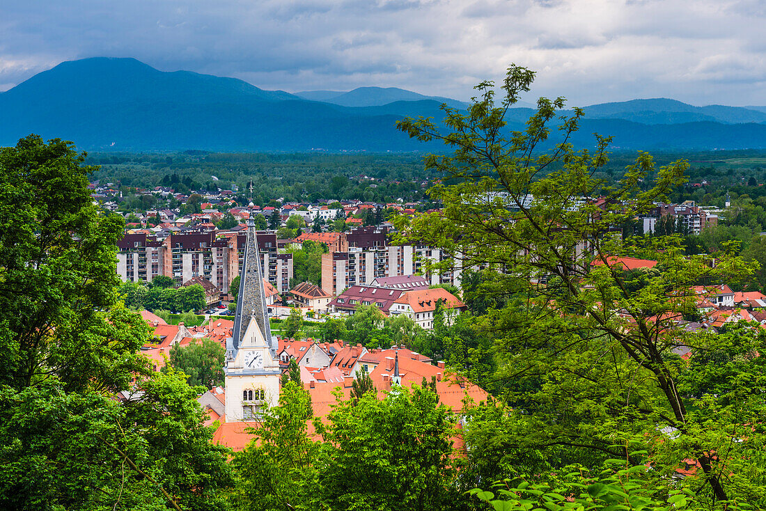 View from Ljubljana Castle over Ljubljana Old Town, looking out over The Church of St James, Ljubljana, Slovenia, Europe