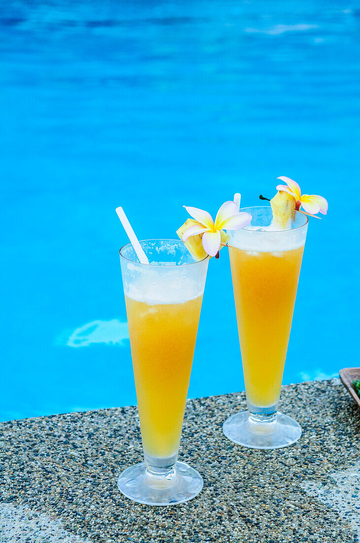 Poolside tropical drinks at Matangi Private Island Resort, Fiji